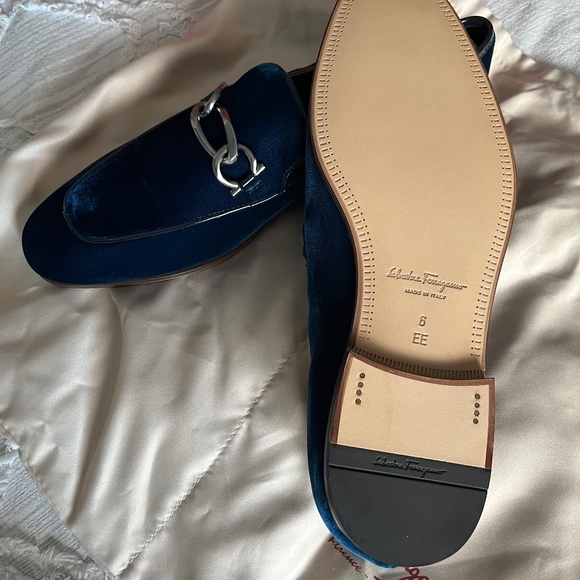 Salvatore Ferragamo Blue Velvet Silver Detailing Loafers